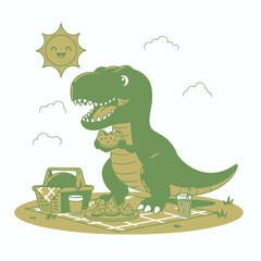 Obraz premium Cartoon Dinosaur Enjoying a Picnic Under a Cheerful Sun Outline Drawing