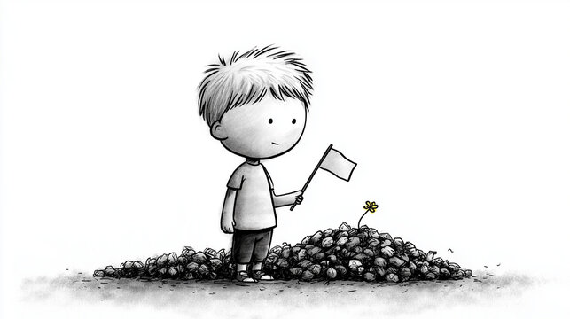 Child Planting Tiny Flag into Pile of Trash as if Claiming a Future - Waste Crisis and Environmental Responsibility, Black and White Ink Illustration

