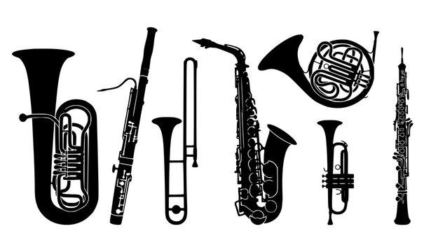 Orchestra brass and woodwind instrument silhouette pack isolated on white background