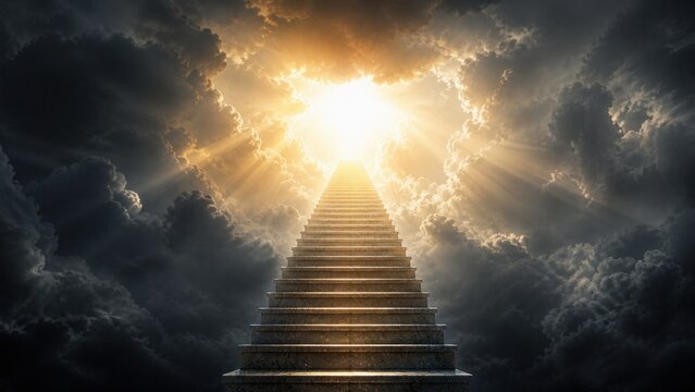 Dark dramatic clouds opening around glowing stairway to heaven, spiritual salvation and afterlife concept.
