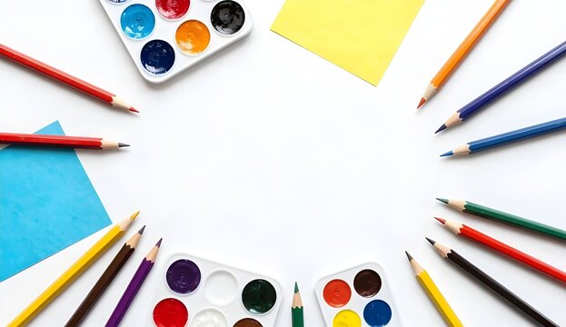 Creative frame of art supplies with watercolor palettes and colored pencils for Children's Day