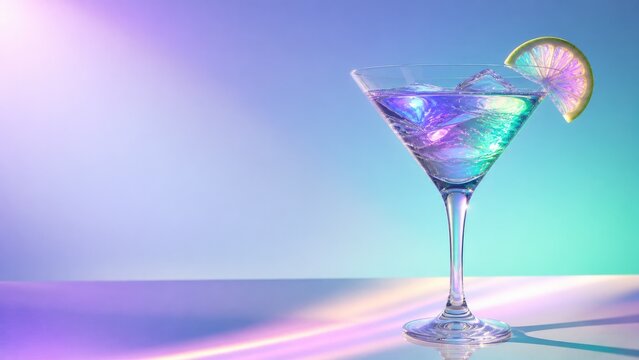 Colorful martini cocktail with glowing gradient background and copy space, neon drink advertising concept, futuristic nightlife beverage.
