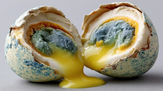 A close-up of a balut egg cracked open, revealing a partially developed duck embryo and yellow yolk inside.