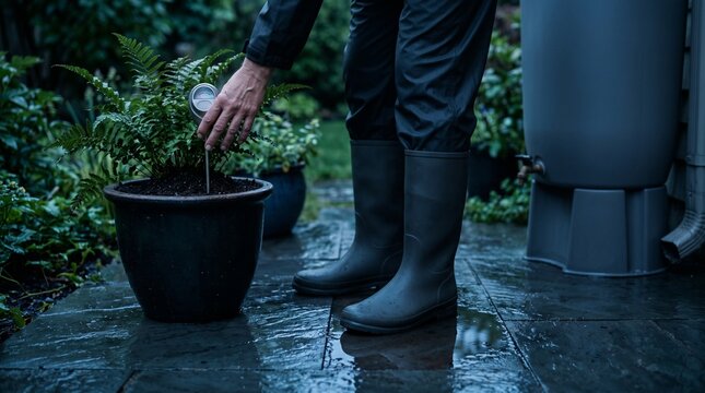 Gardener using soil moisture meter in a rainy backyard garden.