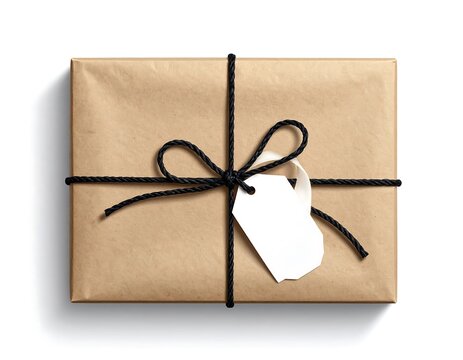 A neatly wrapped parcel, brown paper tied with black twine and a blank tag, rests on a white background, casting a slight shadow