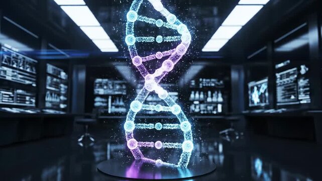 glowing digital dna helix rotating in futuristic laboratory with data screens, biotechnology research, genetic science