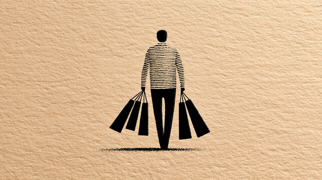 Person Carrying Multiple Shopping Bags That Are Nearly Empty - Inflation and Shrinking Purchasing Power, Black and White Ink Illustration


