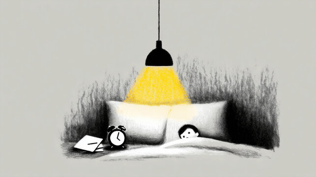 Person Lying Awake in Bed with Glowing Alarm Clock and Unfinished Work Papers Nearby - Burnout and Sleep Deprivation, Black and White Ink Illustration

