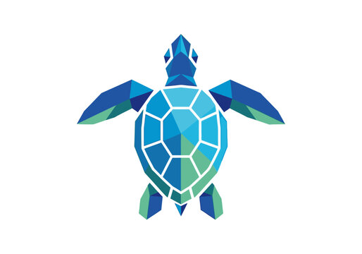 Blue geometric low poly sea turtle illustration on white background