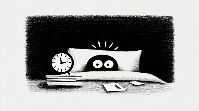 Person Lying Awake in Bed with Glowing Alarm Clock and Unfinished Work Papers Nearby - Burnout and Sleep Deprivation, Black and White Ink Illustration

