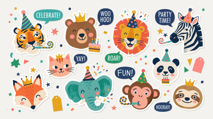 Obraz premium Funny Party Animal Head Vector Collection with Whimsical Birthday Elements and Modern Sticker Style
