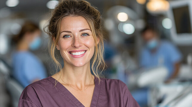 Smiling dental hygienist in purple scrubs with colleagues in background at dental clinic