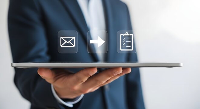 Businessman Holding Tablet with Email to Checklist Workflow Icons