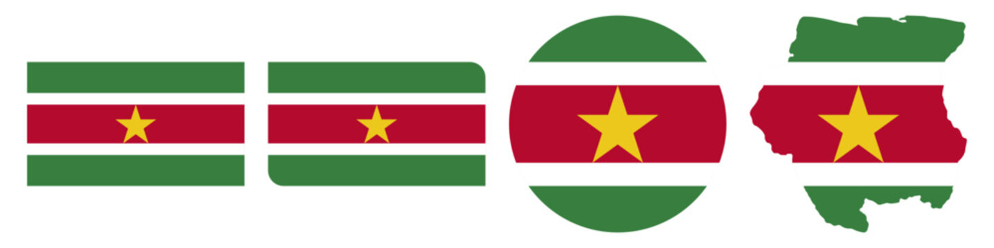 suriname circular, suriname rectangular, and suriname map flag flat icon