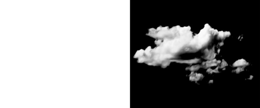 Isolated white fluffy cloud on black background, realistic cumulus cloud cutout for compositing, dramatic sky element for photo manipulation