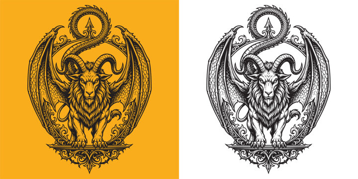 Mythical Chimera Creature with Lion Head Goat Horns and Wings