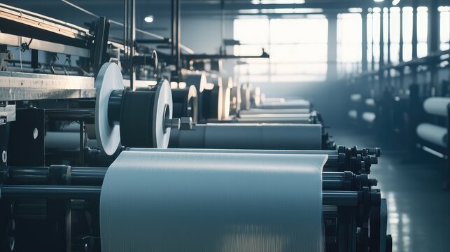 Producing textile fabric, industrial looms automate manufacturing processes within a modern factory environment, handling a continuous production pipeline of thread and material