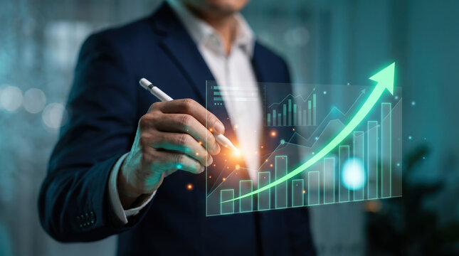 Business executive presenting futuristic financial growth visualization with upward arrow chart in modern corporate office, representing investment success, analytics, and business strategy
