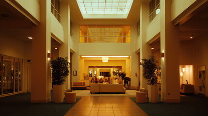 Naklejka premium Spacious hotel lobby creating a welcoming atmosphere with contemporary interior design, large skylight, tall columns, and comfortable seating areas bathed in warm light