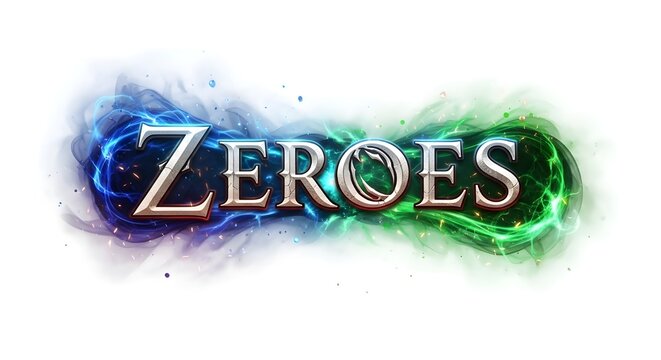 Stylized fantasy game logo text &ldquo;Zeroes&rdquo; with glowing blue and green magical energy effects, cinematic lighting, and detailed metallic typography isolated on white background.