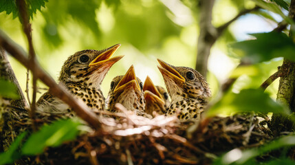Fototapeta premium Chicks are in a nest with their mouths open, waiting for food from adult birds. The nest is surrounded by green leaves and sunlight