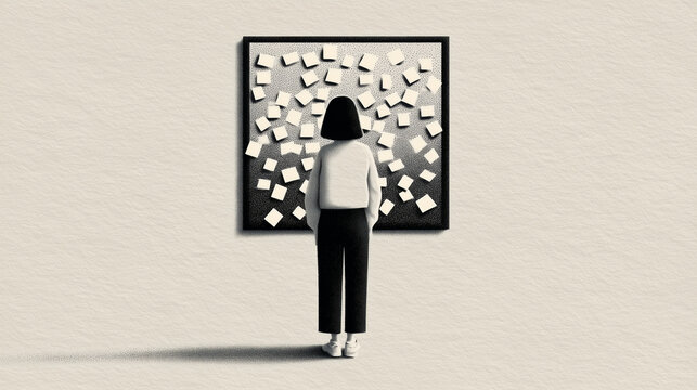 Teenager Standing in Front of Mirror with Sticky Notes Covering the Frame - Self-Worth and Inner Dialogue, Black and White Ink Illustration

