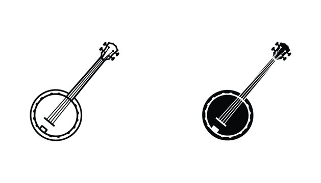 Traditional banjo musical instrument silhouette and line art icon set isolated on white background for music and culture design