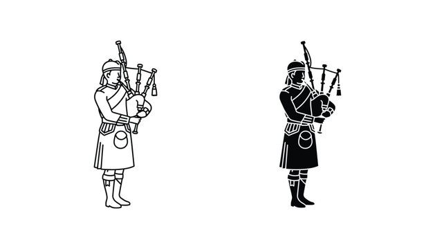 Scottish bagpiper wearing kilt silhouette and line art icon set isolated on white background for tradition and music design