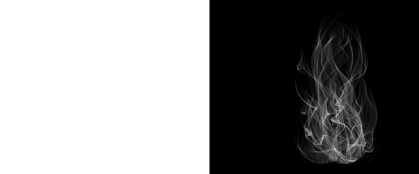 Ethereal white smoke wisps on black background, realistic steam vapor trails, swirling cigarette smoke effect for compositing and design