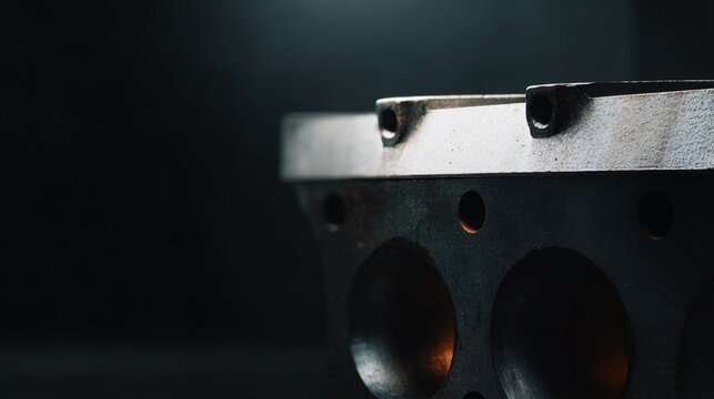 Dramatic lighting on engine cylinder block industrial setting close-up photography mechanical environment low angle view