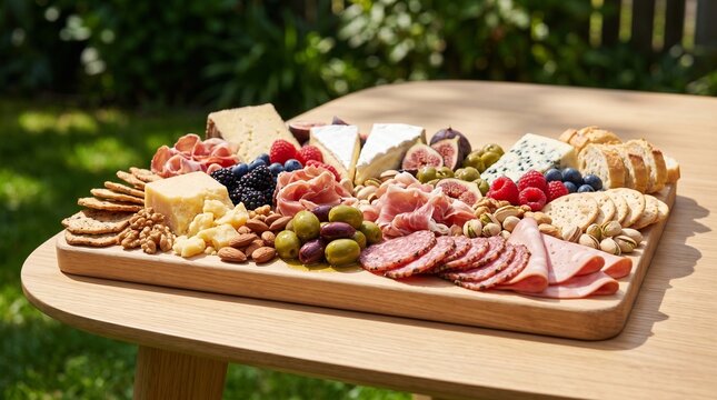 Gourmet charcuterie board with assorted cheeses and meats on outdoor wooden table.