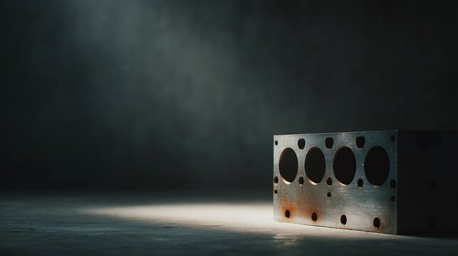 Dramatic lighting on engine cylinder block in industrial setting close-up photography dark environment