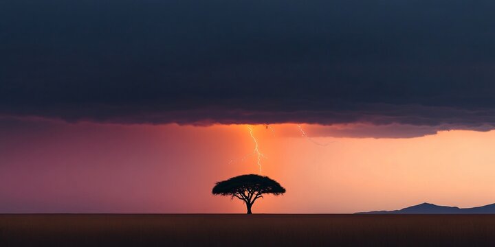 Dramatic lightning strikes over iconic savanna tree at dusk nature landscape stunning horizon view