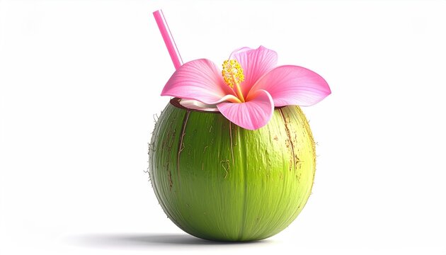 Fresh green coconut drink topped with a pink flower and straw