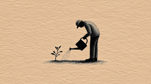 Person Standing in Waist-High Floodwater Holding a Potted Plant Above the Surface - Climate Anxiety and Resilience, Black and White Ink Illustration

