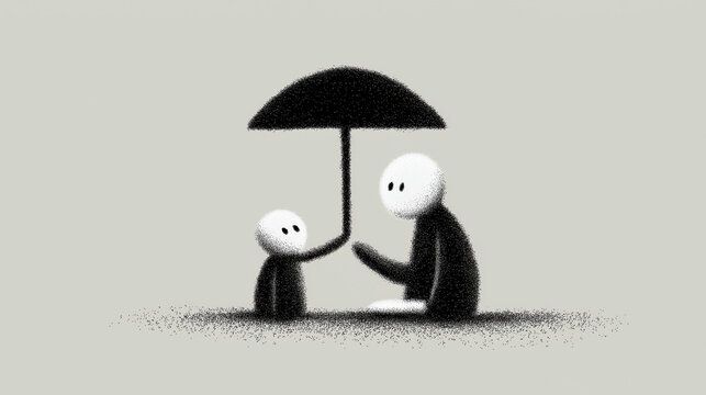 Small Child Offering Umbrella to Seated Adult in the Rain - Quiet Empathy and Compassion, Black and White Ink Illustration

