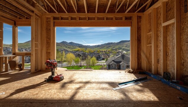 Unfinished home interior framing with a scenic valley view of houses