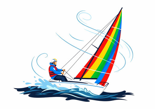Sailor maneuvering a small sailboat with a colorful rainbow sail on wavy water.