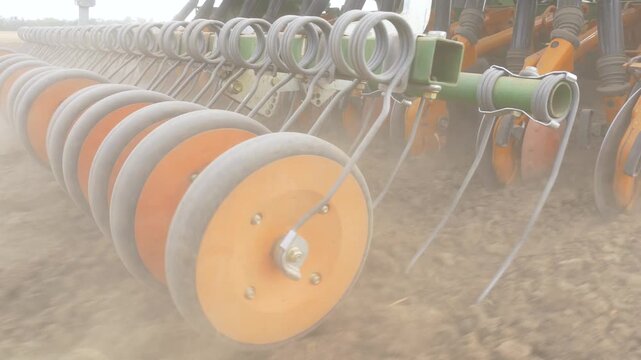 Close up of agricultural machinery plowing field during corn sowing, modern seed drill cultivating soil and preparing farmland for planting in rural countryside