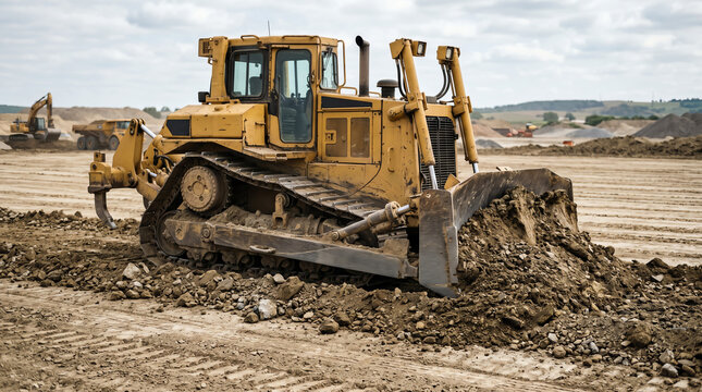 Tracked bulldozer U-shape blade pushing a windrow of earth across a graded pad