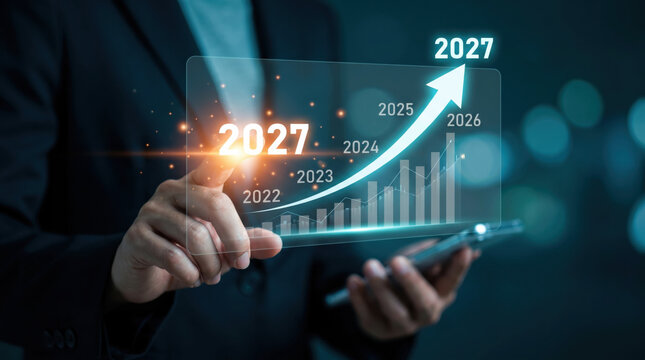 Corporate professional using holographic business analytics interface with rising financial graph and future projections, illustrating economic growth, data analysis, and digital transformation soluti