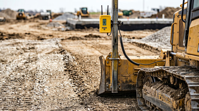 Mast-mounted laser receiver on a small dozer grading a building pad to a tight tolerance