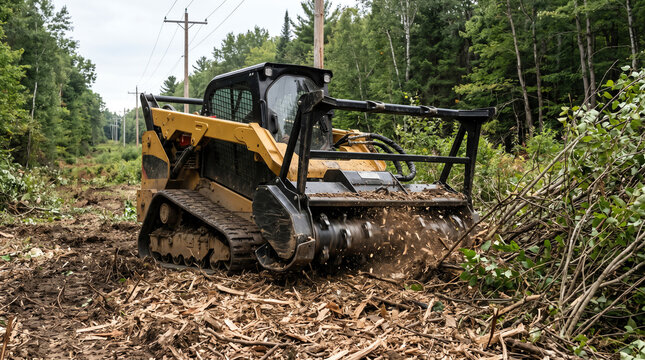 Skid steer with mulching head attachment clearing brush along a utility right of way