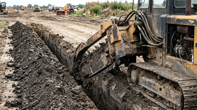 Chain trencher cutting a deep utility slot through stiff clay with spoil ribbon