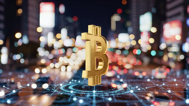 Golden Bitcoin Symbol Illuminated in Futuristic Cityscape at Night.
