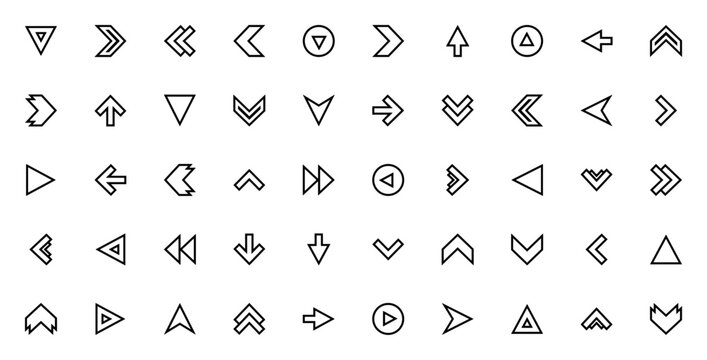 Arrow icon set. Minimal directional arrow pack. Vector illustration. Featuring down arrow, right arrow, left arrow, up arrow, rewind, fast forward, download, play button and more.