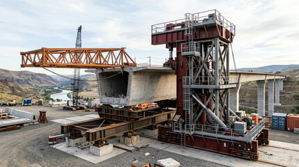 Fototapeta premium Hydraulic jacking tower at a bridge incremental launch staging yard