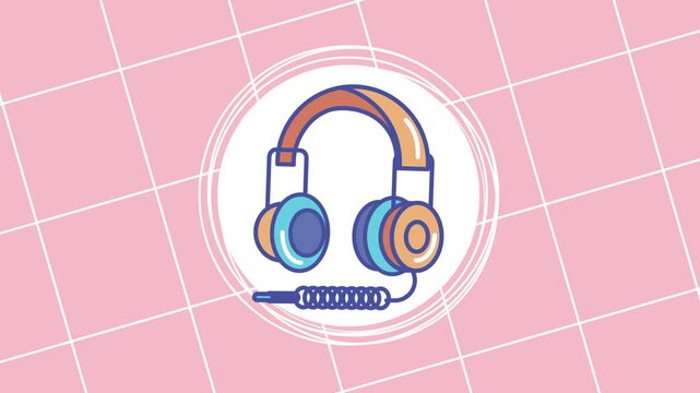 Animated retro headphones illustration in circle on pink grid background seamless loop motion.
