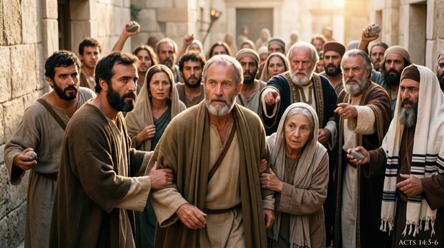 Apostles Peter and Barnabas facing a hostile mob in Iconium. Biblical scene from Acts 14 where religious leaders and angry people threaten the saints with stones. Historical religious drama.
