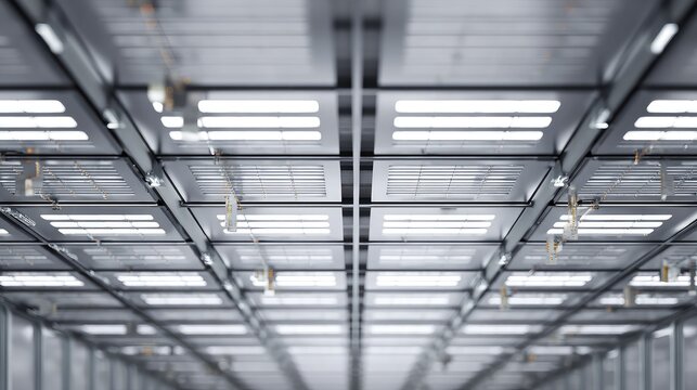 Server room ceiling architecture featuring rows of ventilation grids and bright fluorescent lights, creating a modern and structured perspective for data infrastructure